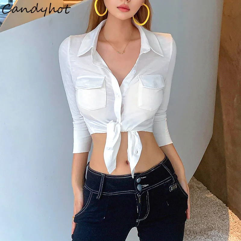 Candyhot Sweet Polo-neck Blouses Y2K Sexy Button Up Cardigan Long Sleeves Blouse Crop Tops Bandage Twist Knot Vest Women T Shirt