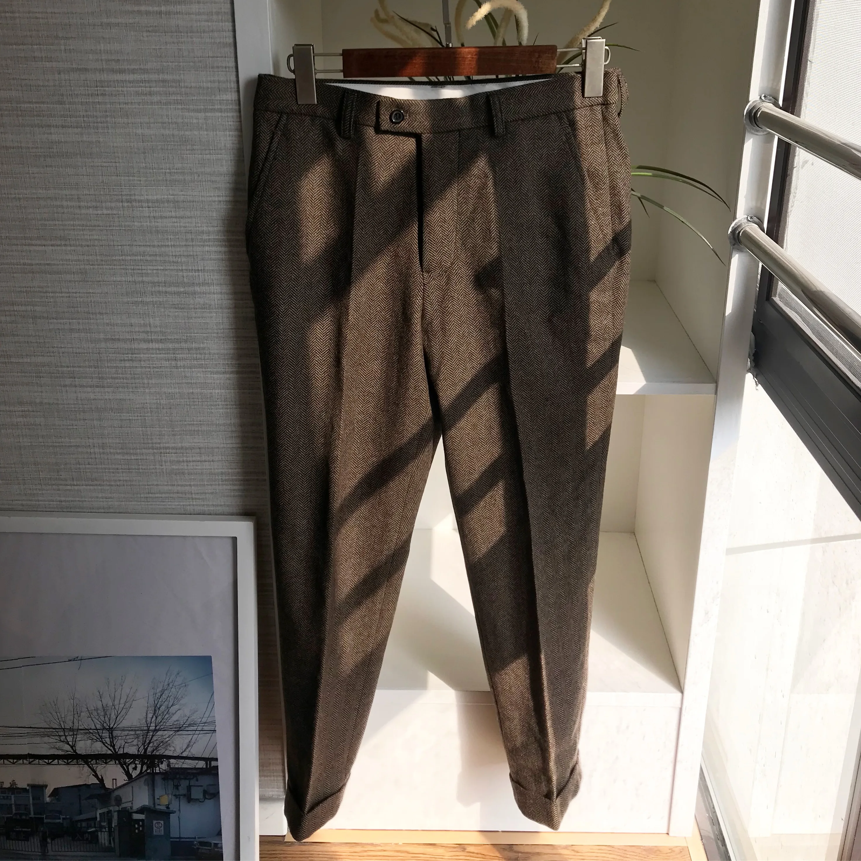 Men's Autumn Winter Woolen Tweed Straight Leg Casual Pants Retro Waistcoat Pattern Large Size Trendy Long Trousers