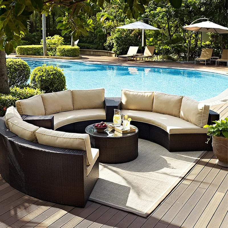 Round rattan sofa outdoor semicircular sofa outdoor leisure rattan sofa arc sofa rattan chair combination furniture