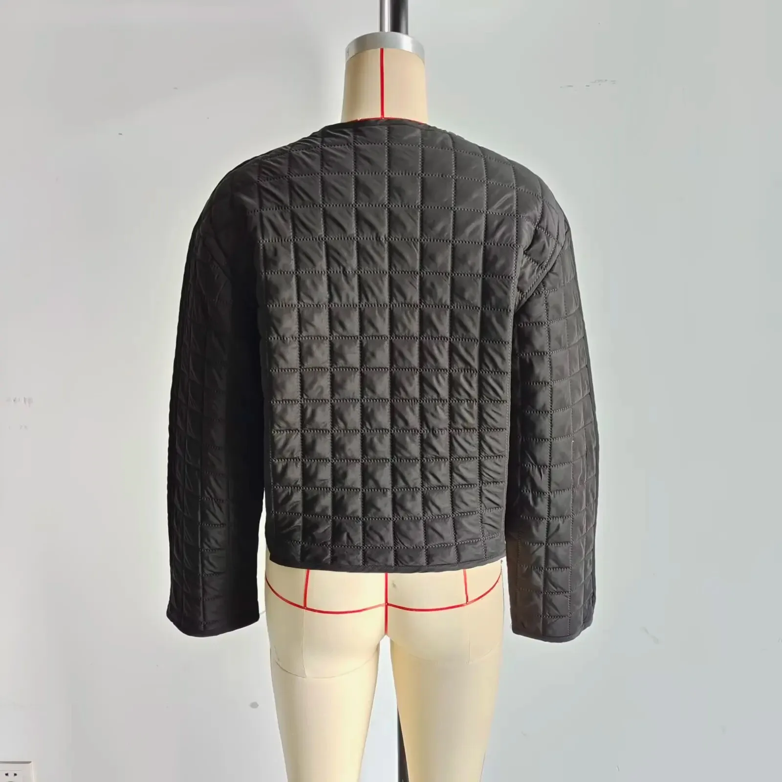 HH Women's Autumn Winter Fashion Versatile 2-Color Silhouette Checked Cotton Jacket Female Chic Hidden Button Casual Coat