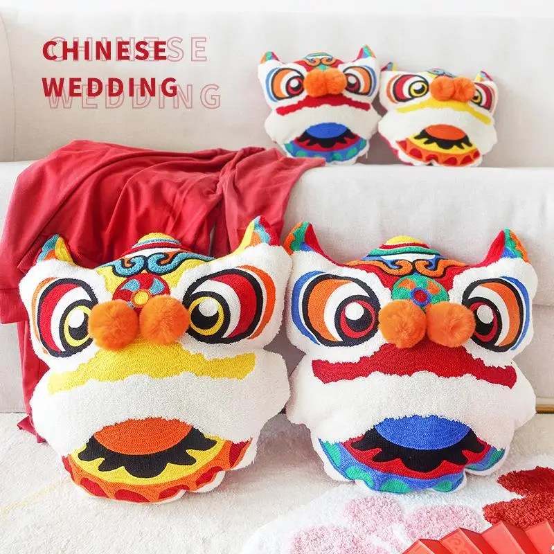 Chinese Traditional Dance Lion Embroidery Cushion Sofa Chair Car Waist Cushion Wedding Bedding New Year Decorative Pillow