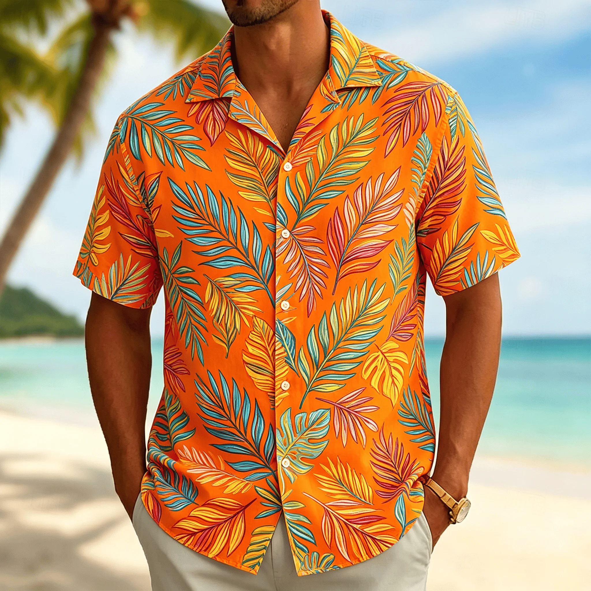 Men's Palm Leaf Print Short Sleeve Shirt, Casual Hawaiian Button Down Top for Men, Tropical Beach Style for Spring & Summer