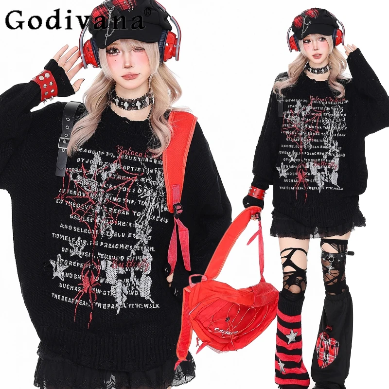 

Retro Pattern Sweater for Women Autumn Winter Loose Japanese Style Ripped Knitted Coat Female Long Sleeve Knit Pullovers