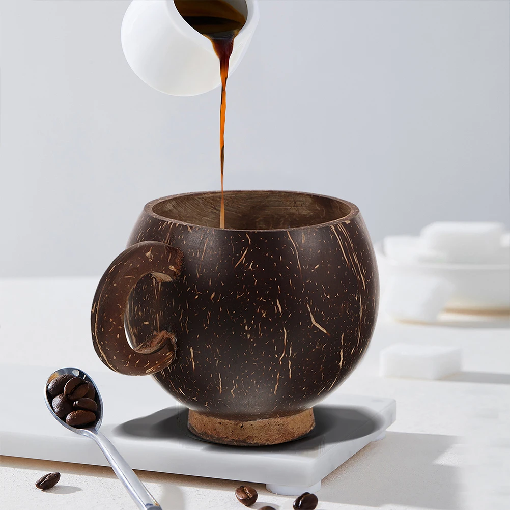 

2 pcs Coconut Cups Natural Wooden Coffee Mugs With Handle Large Capacity Multi-Functional Drinkware For Juice Tea Milk Home