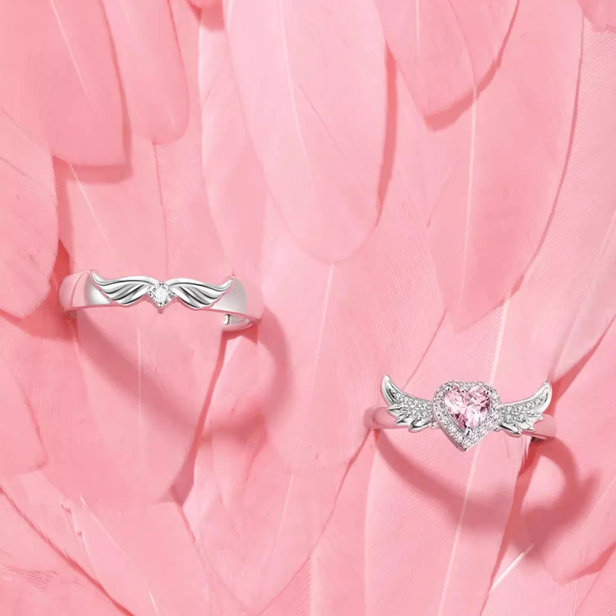 YILUOCD 2Pcs Pink Heart Zircon Rings for Couple Gold Plated Angel Wing Ring Eternity Forever Love Fine Jewelry Wedding Gift