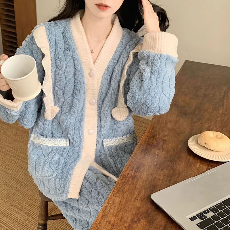 Winter Thickened Fleece Pajamas Women\'s V-neck Sweet Warm Flannel Home Suit Set Ladies Outerwear Cardigan Pants Set Sleepwear