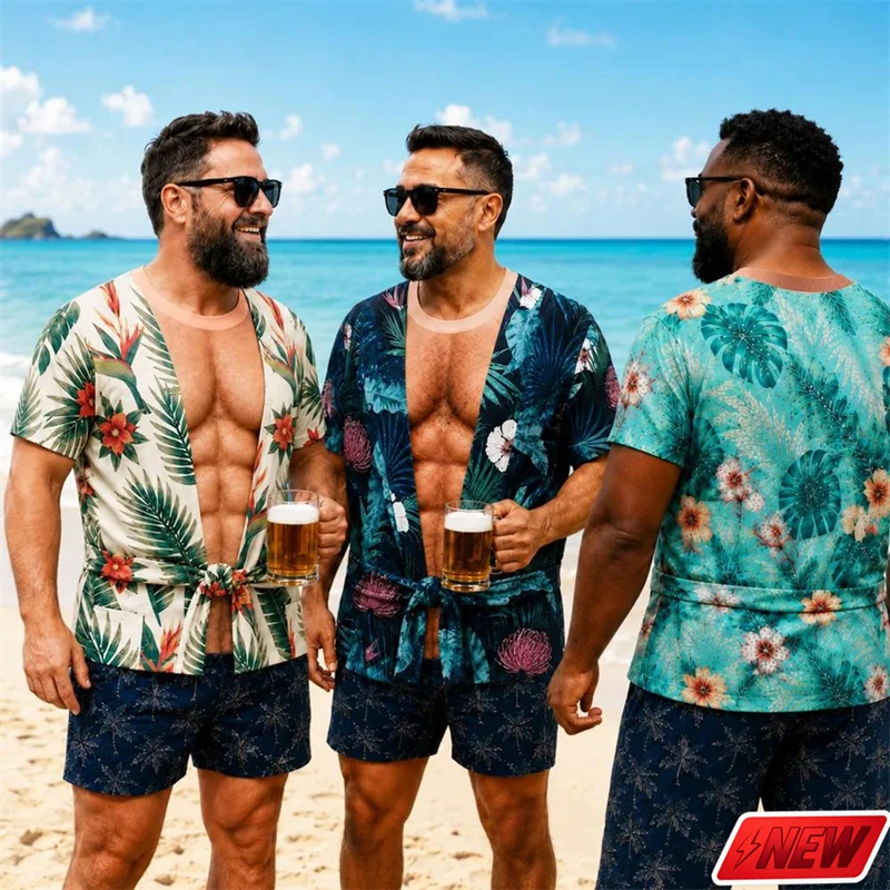 Funny Fake Abs Chest Hair T Shirt Men 3D Print Tropical Flower Visual Pattern Short Sleeve Summer Vacation Party Novelty Top