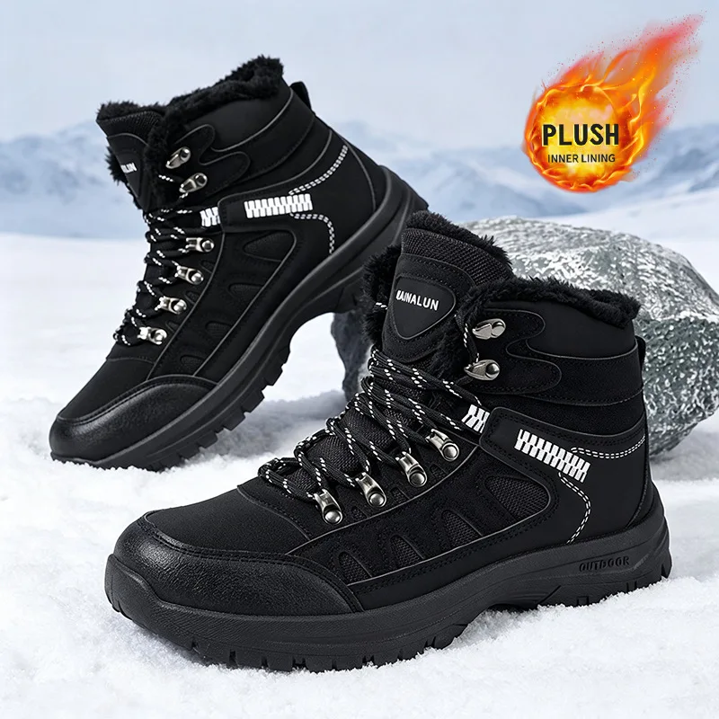 Botas de Nieve para Hombre, Invierno 2026, Zapatillas de Cuero Impermeables, Forradas de Felpa, Botas de Senderismo de Alta Calidad para Exteriores, Zapatos de Trabajo, Talla Grande 48