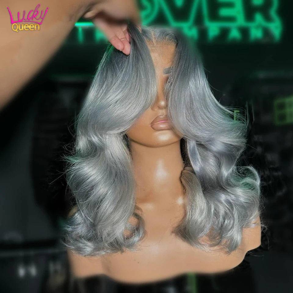 613 gris plata 180 densidad Bob peluca cuerpo ondulado gris ceniza pre-arrancado para mujeres pelucas de cabello humano Bob corto 13x4 encaje Frontal Bobs