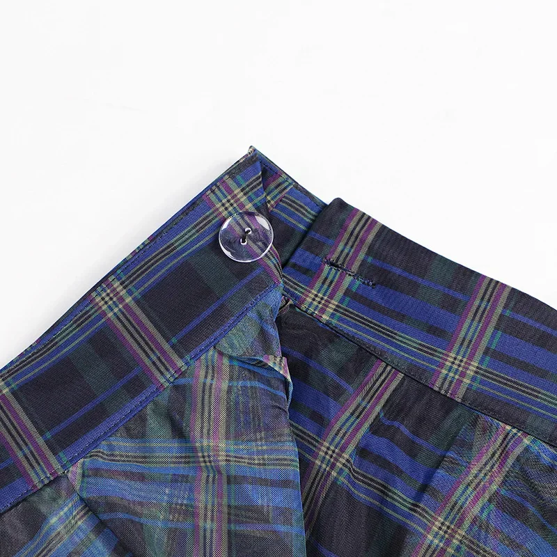 Mesh Plaid Skirt Irregular Hem High Waist A Line Long Skirts Chic Design Patchwork Button Hit Color Elegant Female Clothing