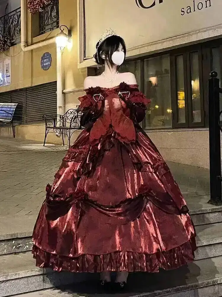 Beauty Princess Dress Red Lolita Skirt Long Dress Elegant Lolita Outfit Heavy Industry Skrit Flower Red Dress Red Passion Dress view 3