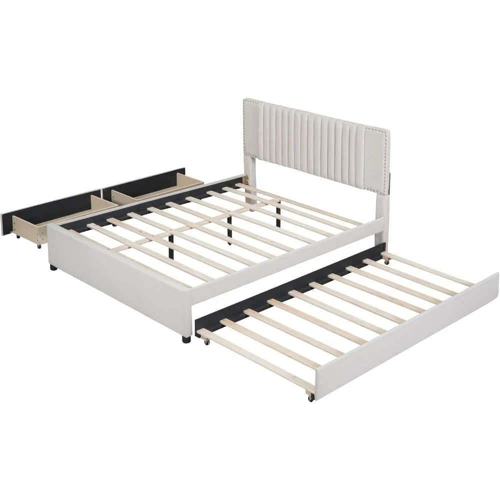 Lit en lin Queen Size avec 2 portes de rangement, cadre de lit en bois, planche de sauna classique, design et support à lattes, enfants et adolescents