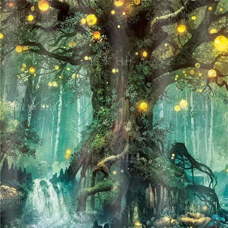 Forest Shower Curtain Magic Lanterns River Dream Tree Of Life Fantasy Fairy Tale Waterfalls Colorful Plants Natural Landscape