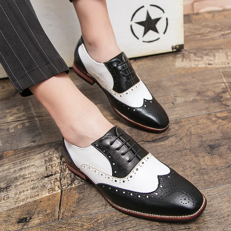 Luxury Brand Low Heel Brogue Lace-up Mens Shoes Casual British Style Contrast Color Oxford Shoes Mens Office Shoes Plus Size 48