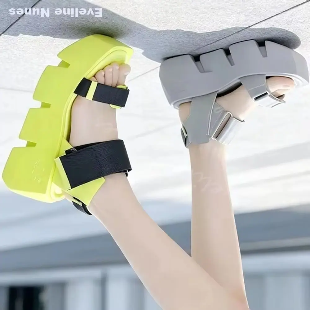 Neon Yellow Gear Shape Platform Sandals Women Two Wide Strap Adjustable Buckle Sandals Y2K Avant Garde Streetwear Punk High Heel
