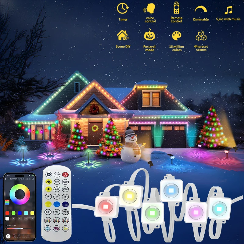 RGB IC Eaves LED Lights Permanent Outdoor Lights String APP Bluetooth Light Strip Scene Modes Full House Party Wedding Light