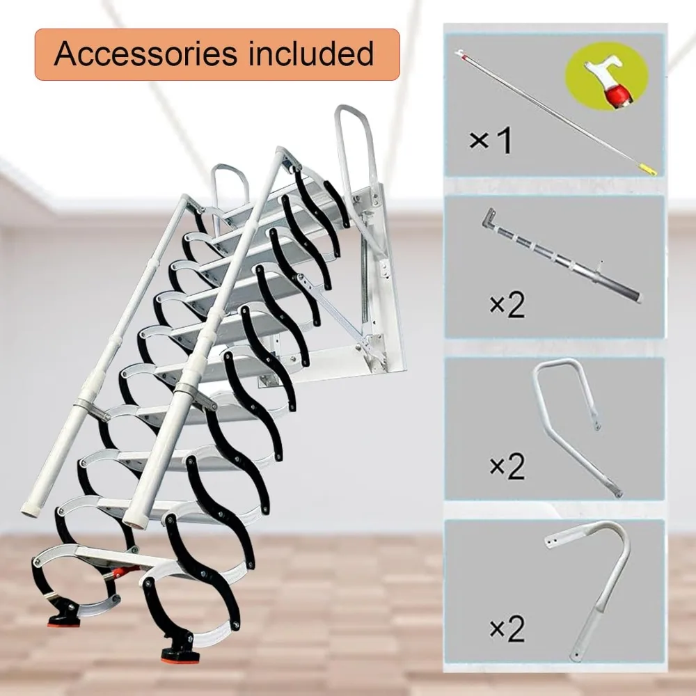سلالم علية قابلة للطي مثبتة على الحائط: سلم علوي قابل للسحب بطول 11 خطوة وأوسع 4 بوصة مع درابزين مزدوج للوصول إلى الارتفاع #5