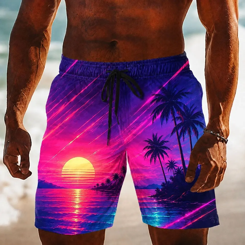 

Men Colorful Ocean Landscape Print Beach Trunks Storage Pockets Elastic Drawstring Casual Short Summer Holiday Seaside Gathering