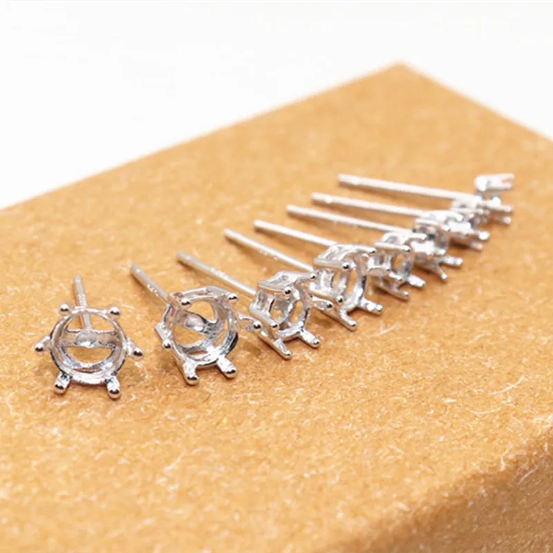 1Pair Solid 925 Sterling DIY Accessories Semi-Finished 6-Claw Empty Rhodium Plated Empty Earring Mop Ear Studs