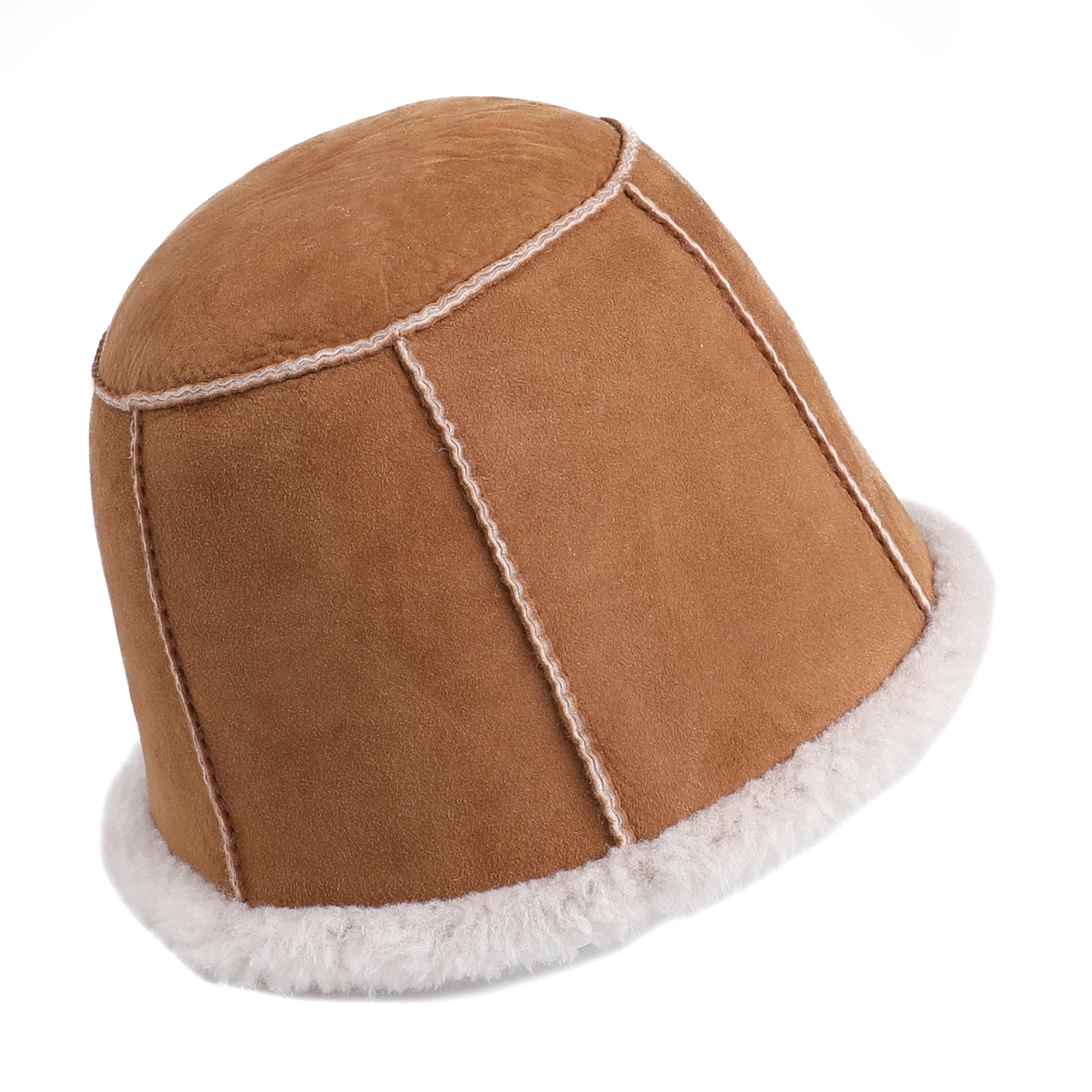 

Womens Genuine Shearling Wool Leather Bucket Hat Lady Winter Warm Real Fur Caps Hand-Stitched