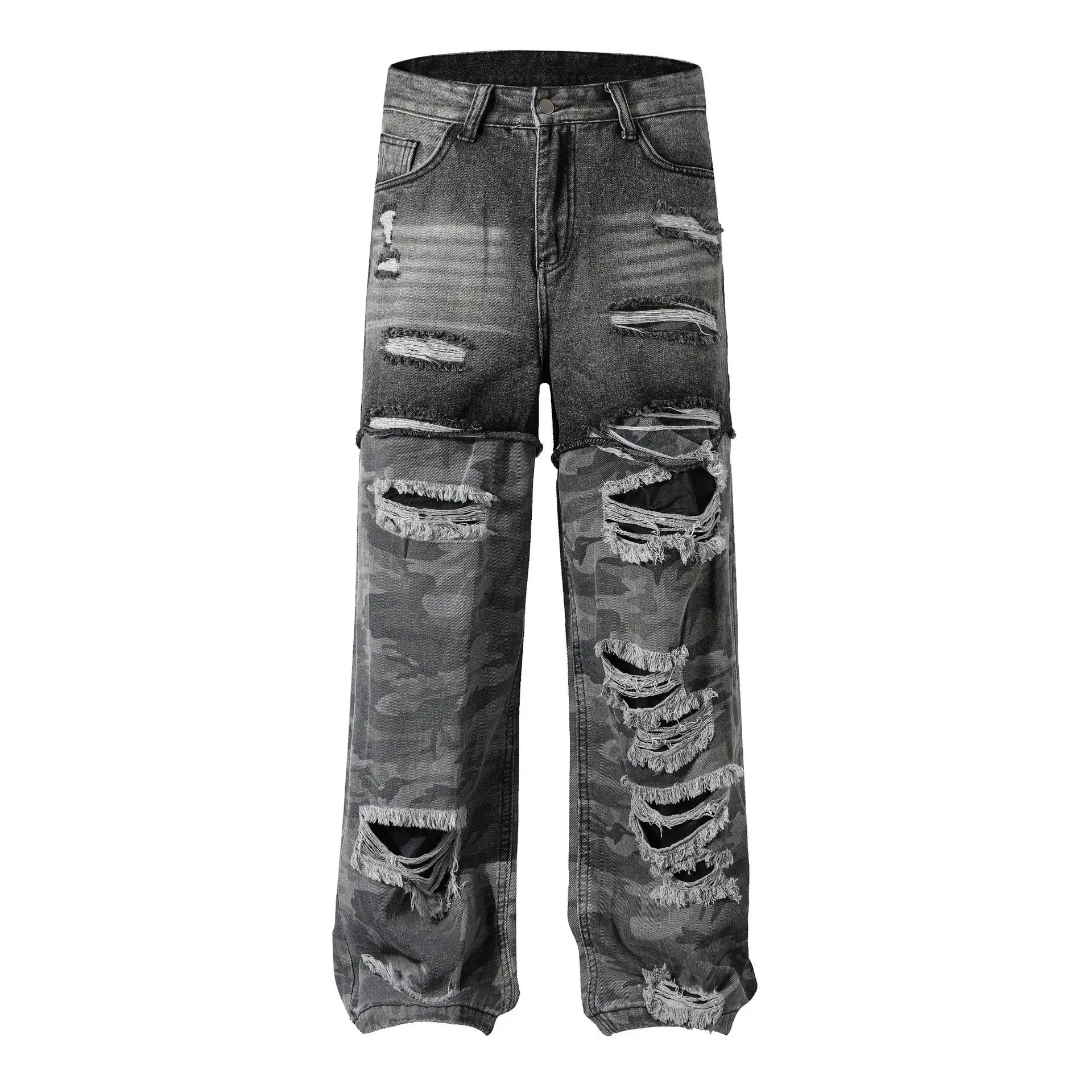 Men's Fashion High Street Destroyed Jeans Pants With Holes Loose Fit Y2K Ripped Denim Trousers Patched Distressed Bottoms