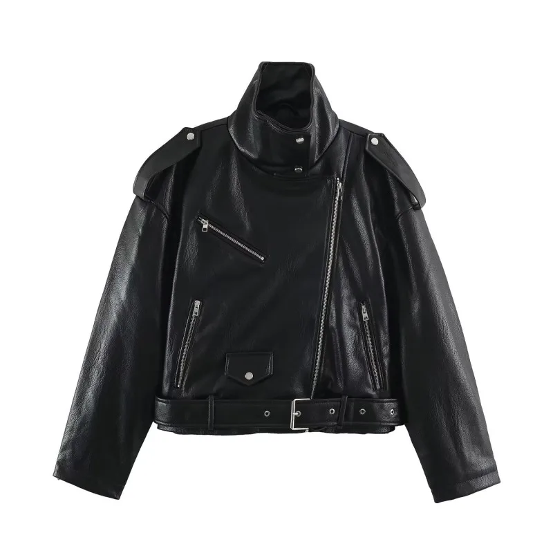 Women Faux Leather Moto Jacket Stand Collar Zip Up Epaulet Snap Button Short Coat Punk Rock Outerwear Autumn Winter Fashion