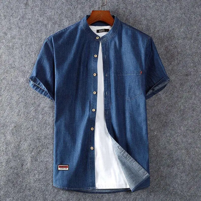 

Loose Casual Denim irt ort Sve Stand up Collar Men's Summer Faion Cotton Sun Protection Treaent Ice Sensation Trav...