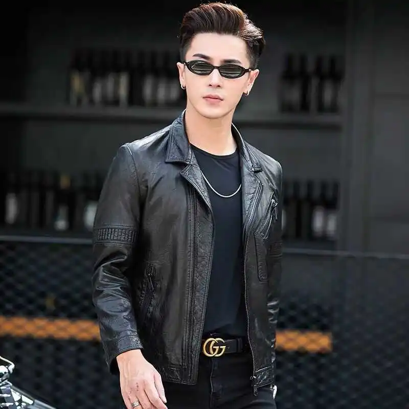 

High Quali eep Leather Men's Jaet Wax Sensation Motorcycle Sle ort Coat Slim Fit Design Faionable Men's Outerwear