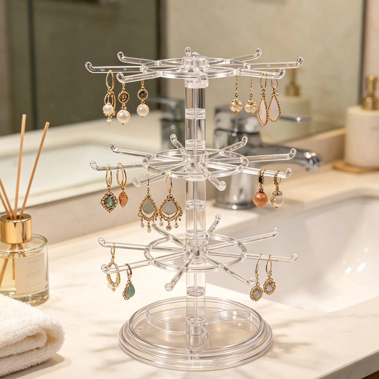3-Tier Rotating Jewelry Display Stand for Necklaces Bracelets Earrings Rings – Matte Metal Non-Slip Base
