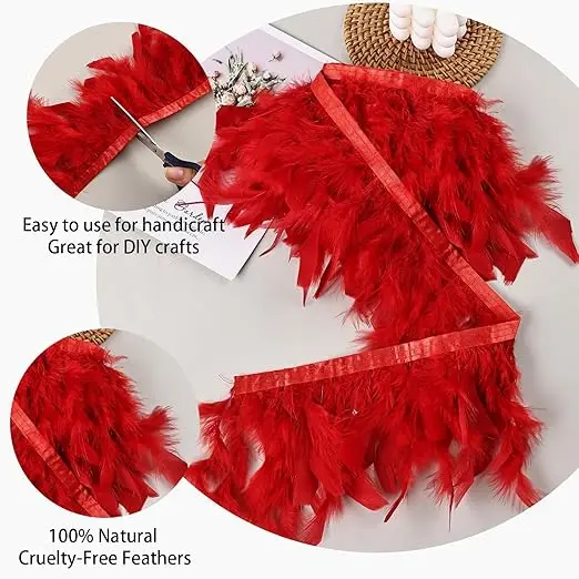 الأحمر تركيا ريشة تقليم هامش 2 ياردة الريش الطبيعي رقيق لملابس الحفلات DIY بها بنفسك الخياطة الحرفية فستان الزفاف الديكور #4
