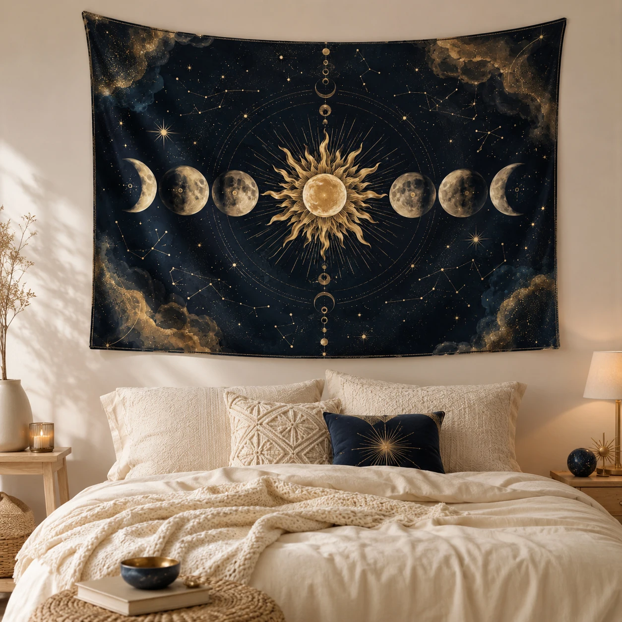 Celestial Sun Moon Phase Tapestry Golden Starry Sky Constellation Wall Hanging Boho Astrology Bedroom Wall Decor Tapestry