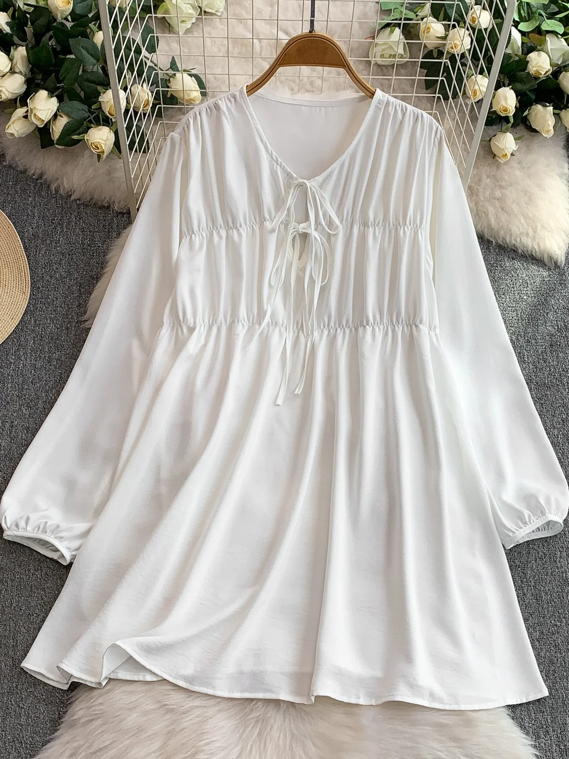 

Белый плиссированный круглый Ne Bubble Sve Dr, женский осенний тонкий шифон, свободный пояс, повседневный, средней длины Dr