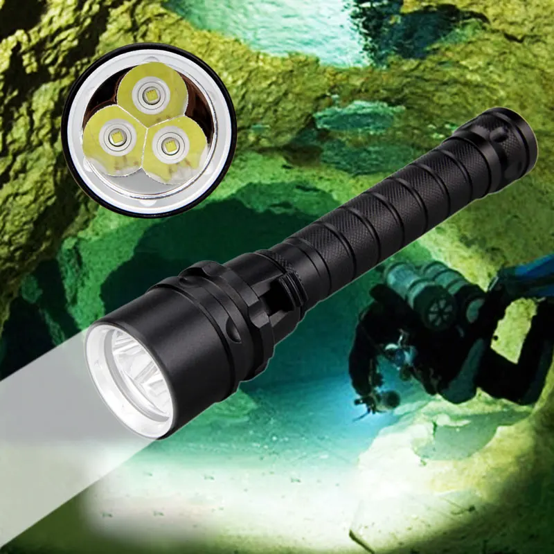 Potente linterna LED de buceo, luz UV/blanca, resistente al agua, bajo el agua, 100 metros, alimentada por batería 18650