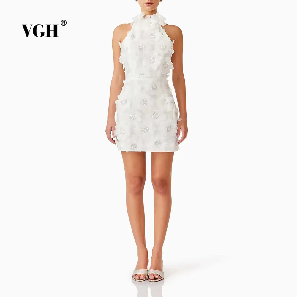 

VGH Eleagnt Spliced Appliques Dating Dress for Women Halter Neck Sleeveless High Waist Temperament Mini Dresses Female Fashion