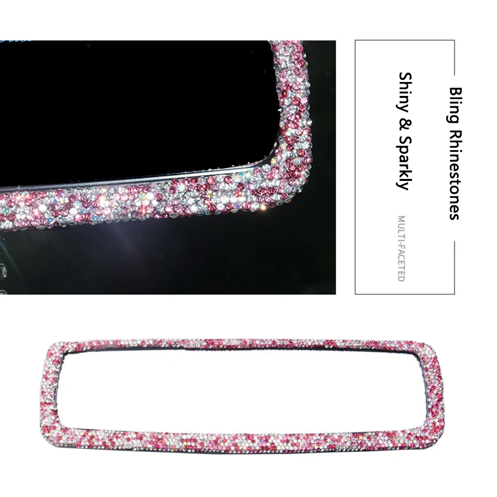 Bling Rhinestone Car Rear View Mirror, Pink Crystal Diamond Interior Mirror for Women, Universal Wide Angle Rearview Mirror