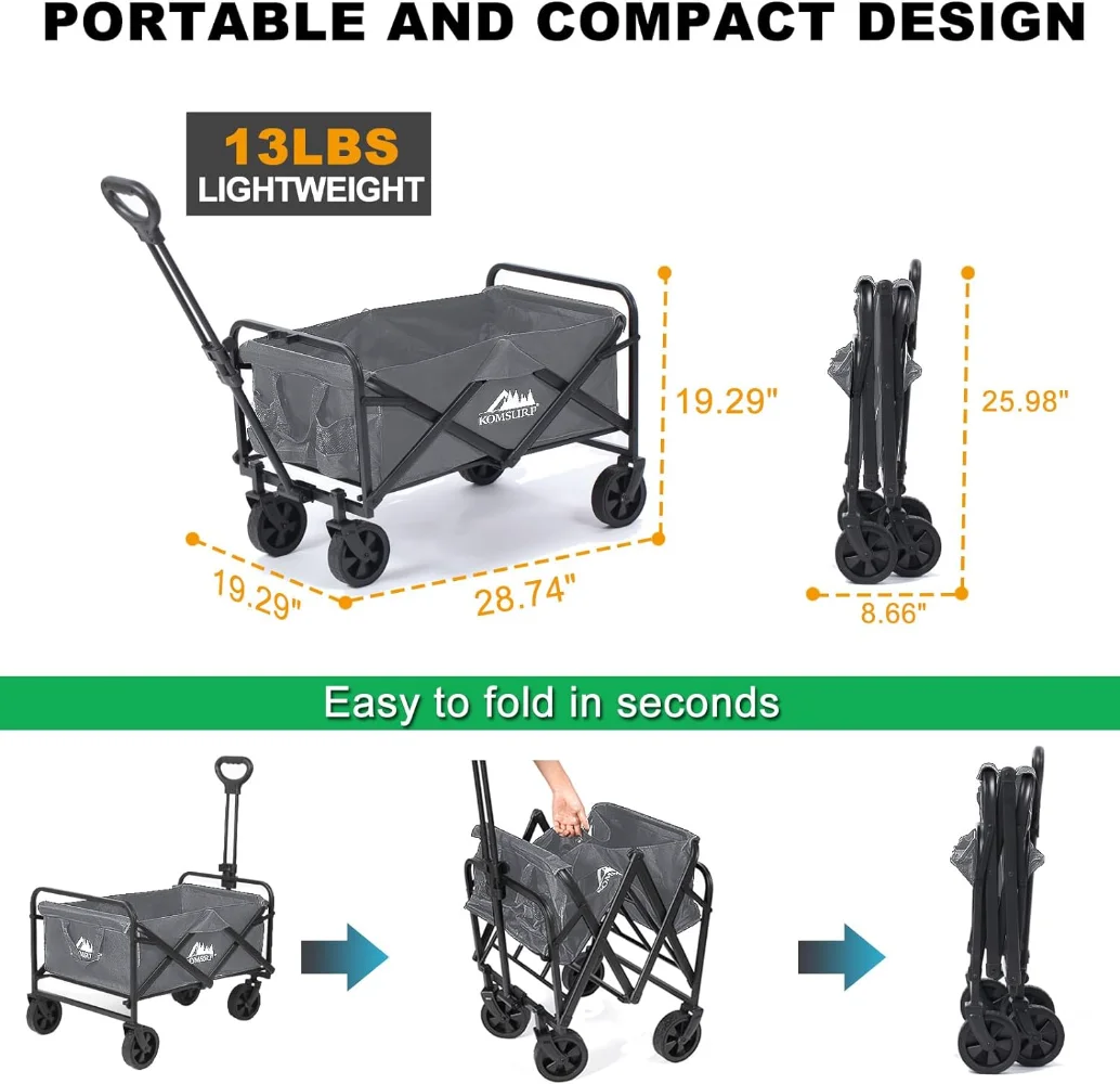 Foldable Utility Wagons Heavy Duty Folding Grocery Cart on Wheels, 200 lbs Capacity with Side Pockets for