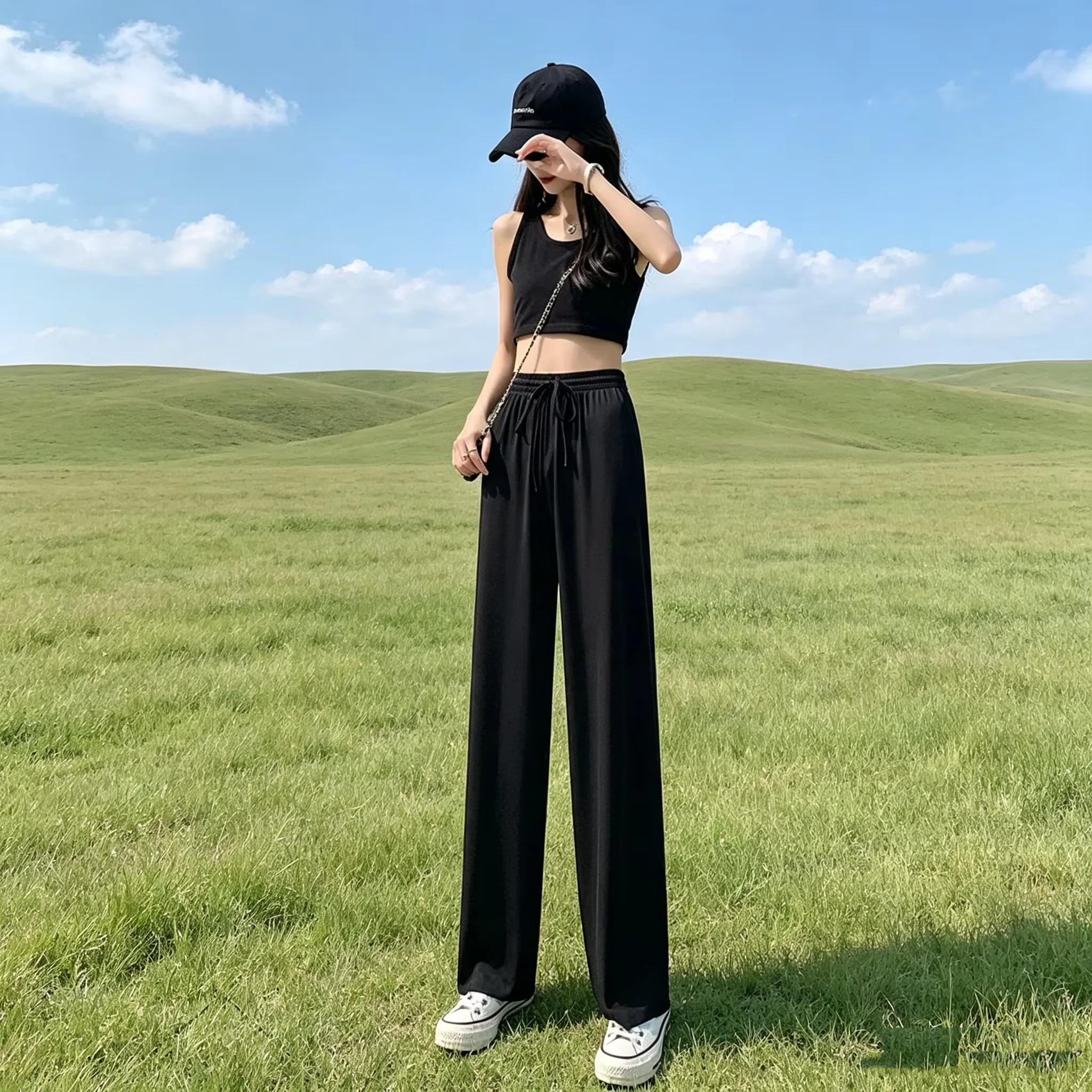 Summer Women Sweet Colorful Ice Silk Pants Lady Baggy Versatile Elastic Straight Leg Trousers Female Wide Leg High Waisted Pants