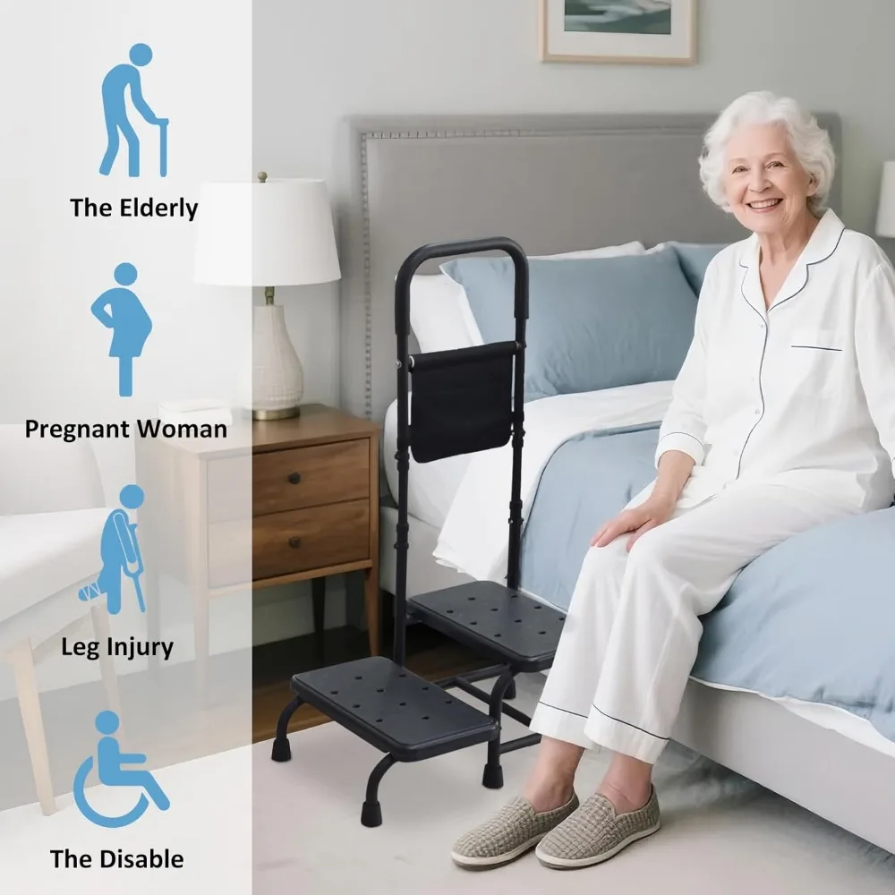 Adjustable Handrail Step Stool for Seniors, Portable Two-Step Footstool with Non-Slip Platform for Bed & Bathroom