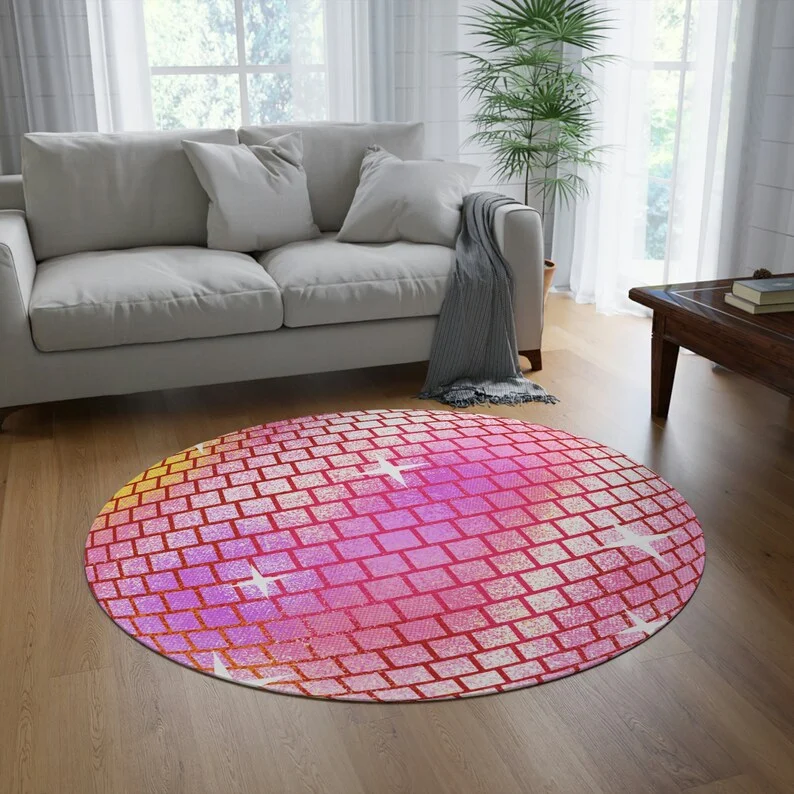 Retro Disco Ball Round Rug Colorful 70s Style Mirror Ball Print Non Slip Mat Groovy Aesthetic Rainbow Disco Ball Design Carpet