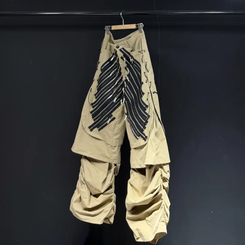 HKSH Spring New Men's Tide Punk Workwear Style Multi-zipper Pleated Straight Unisex Loose Versatile Cargo Pants Chic Ins HK24094