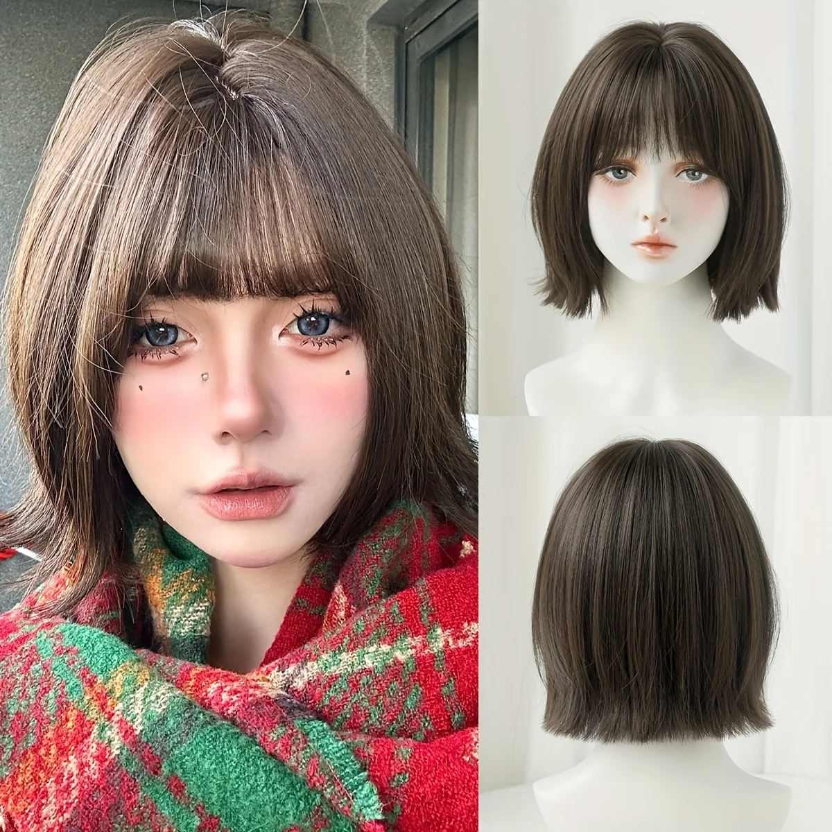 

Женский повседневный парик, короткие прямые волосы, кофейно-коричневый цвет, подходит для повседневного использования и для вечеринок, синтетический парик-боб высокой плотности.