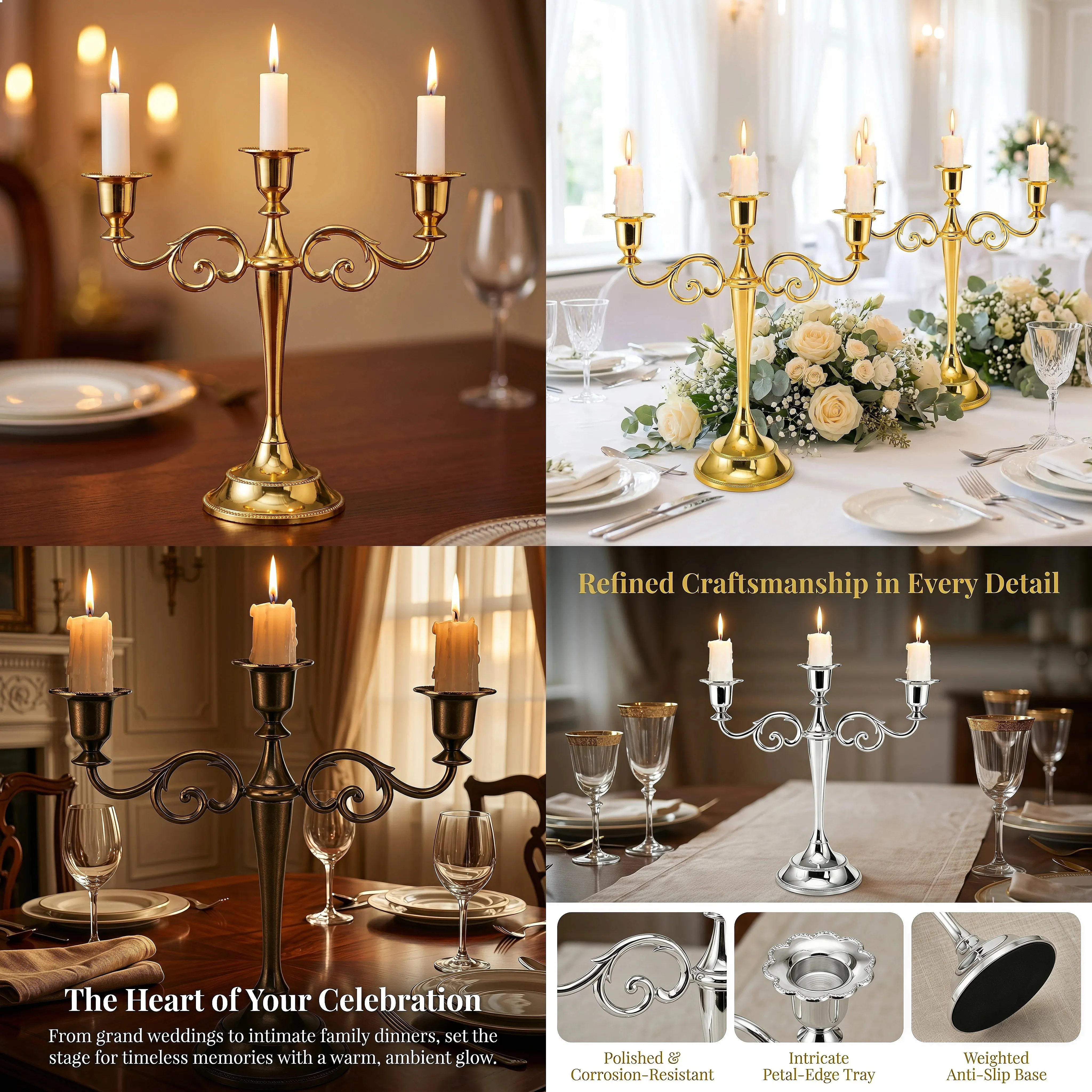 Vintage Scroll 3 Arms Candelabra Metal Taper Candle Stand Elegant Table Ornament for Banquet Holiday Wedding Reception Decor