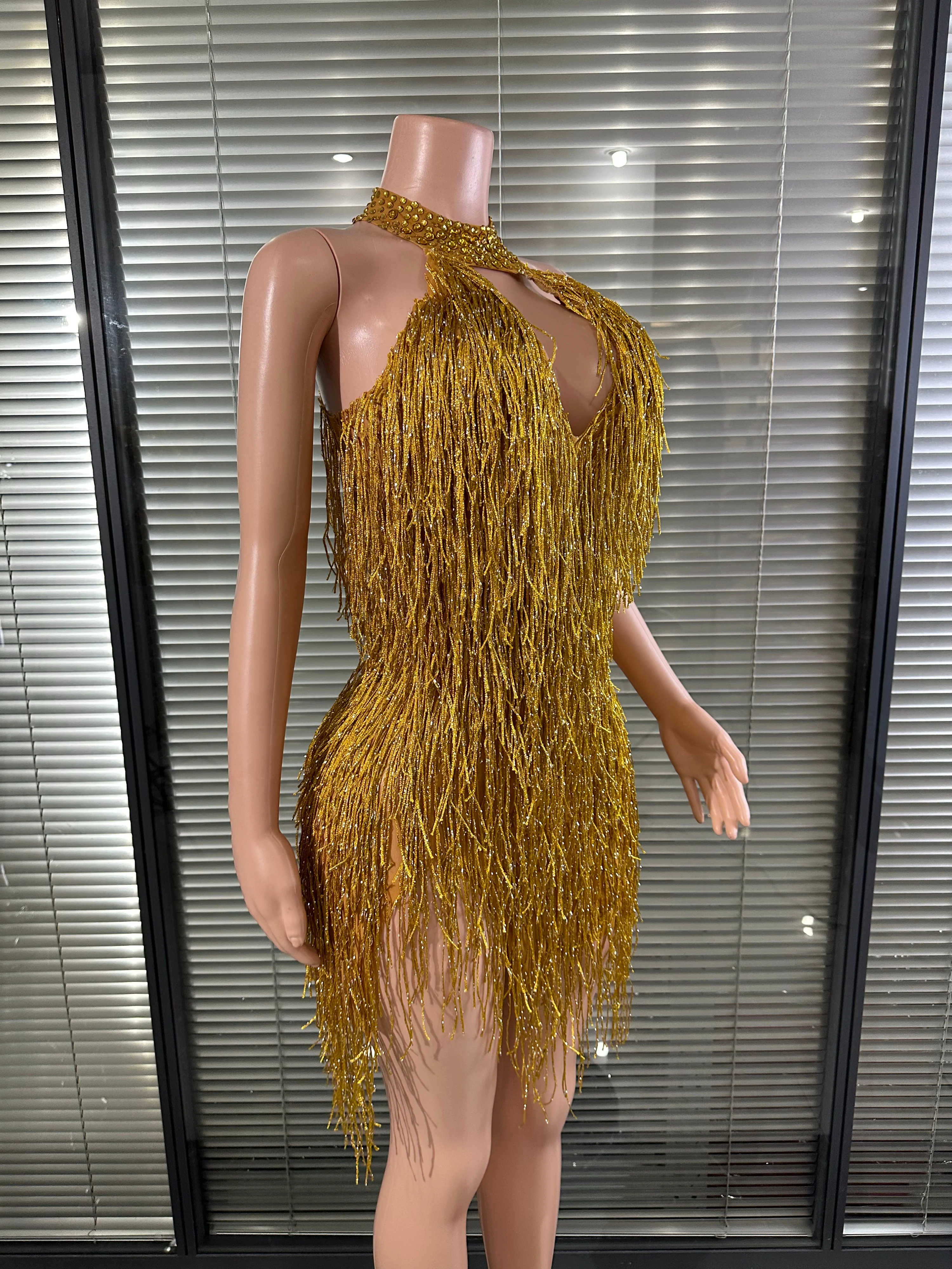 Glamorous Gold Fringe Nightclub Party Mini Dress Women Sexy Rhinestone Neck Cutout Bodycon Outfit Stage Performance Costume view 6