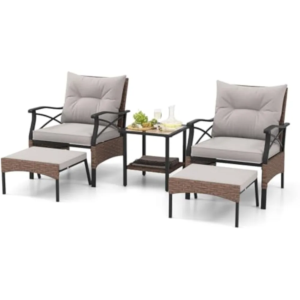 

5 Pieces Wicker Patio Furniture Set, Outdoor Rattan Chairs with Ottomans, Cushions and 2-Tier Tempered Glass Side Table