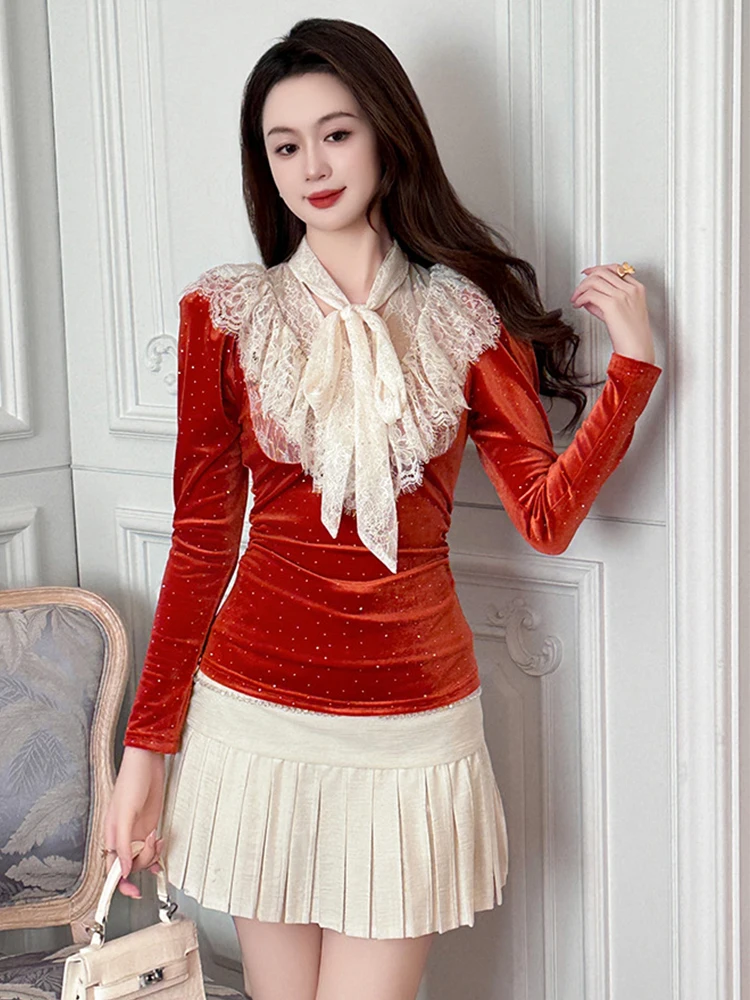 

Women's Luxury Sweet T-shirt Female Exquisite Palace Style Sparkling Rhinestone Tops Lady Ruffles Bandage Bow Folds Party Blouse