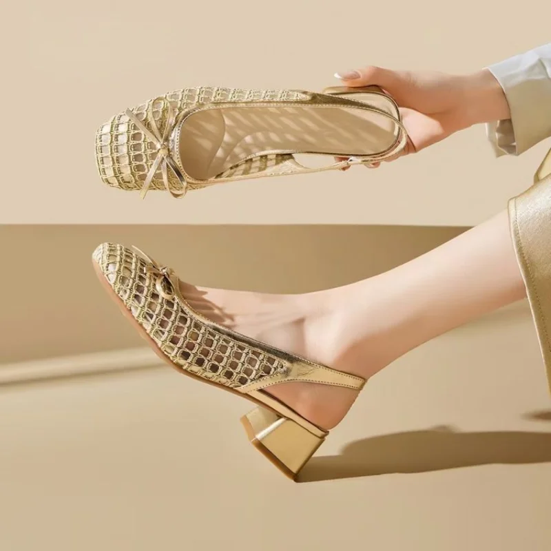 

Women's Hollow-out Mary Jane Sandals, Chunky Heel, Breathable Closed Toe Backless Mules, Casual Office Mid-Heel Pumps