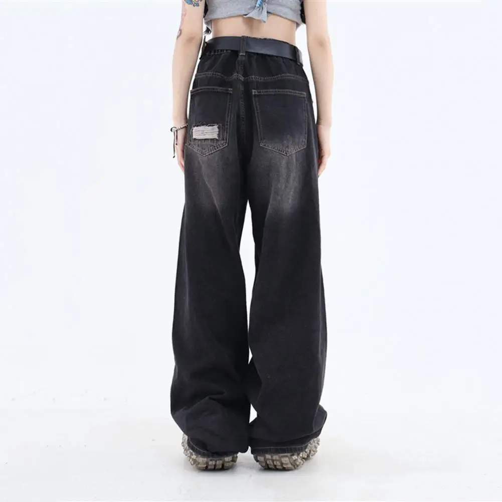 Distressed Jeans Vintage High Waist Wide Leg Women's Jeans with Ripped Holes Style Pockets Hop Streetwear Denim Trousers for A