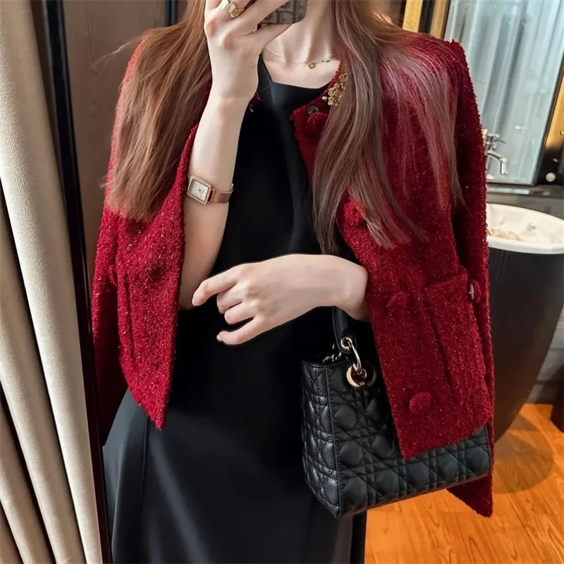 2026 Spring Autumn New Women's coat jacket Versatile Small Fragrant Short Coat Temperament red Top Female Outerwear 