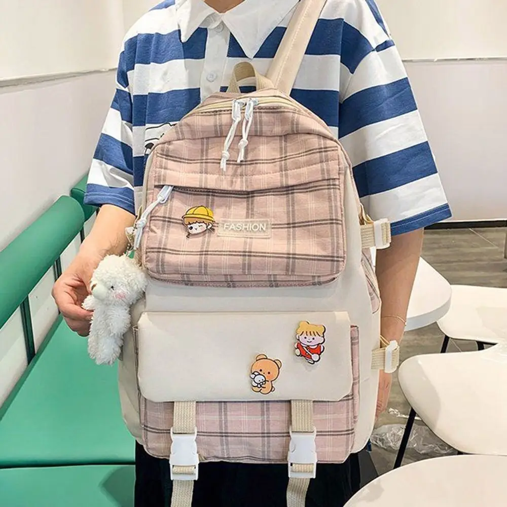 5Pcs/Set Sweet Large Capacity Cute Plaid Backpack Y2K Korean Style Cartoon Shoulder Bag Canvas Simple Student School Bag Student