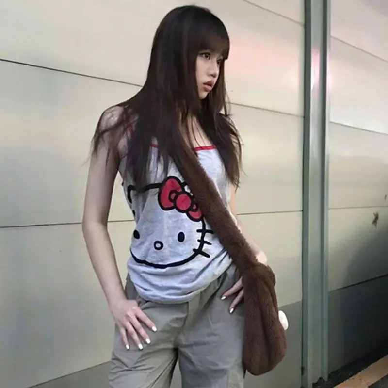 Sanrioed Kawaii Hello Kittys Camisole Anime Cartoon Summer Fashion Sleeveless T-Shirt Street Sexy Suspenders Y2K Hot Girl Vest